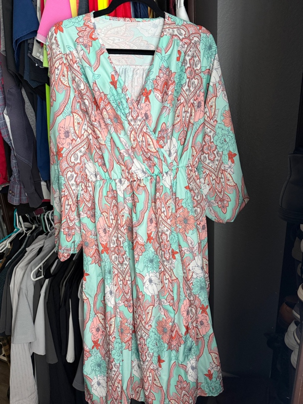 Mint and Coral Floral Wrap Dress with belt